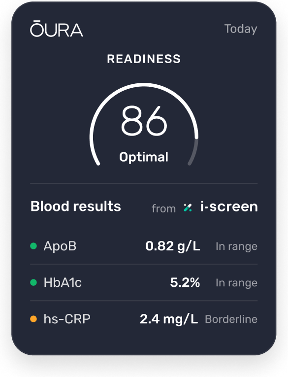 Oura App showing Readiness score alongside i-screen blood results